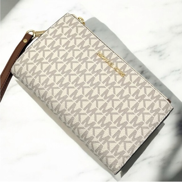 Michael Kors Large Jet Set Travel Double Zip Wallet Vanilla/Brown - Picture 6 of 10